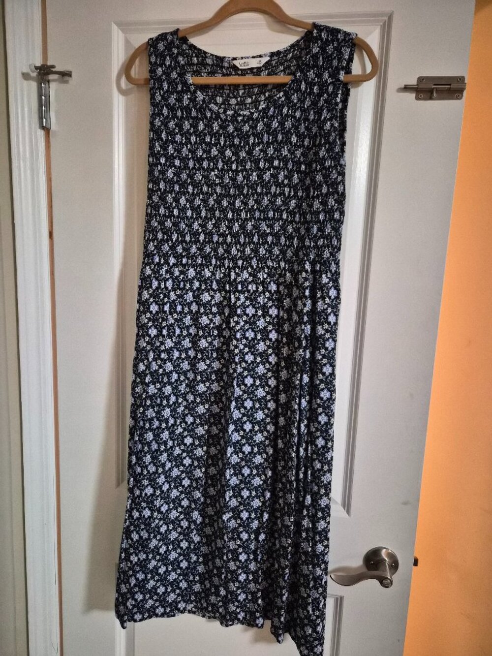 Croft and Barrow smocked midi dress. Black, blue,  white floral